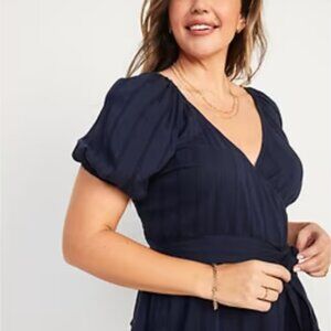 Navy Cotton Eyelet Dobby Peplum Puff Sleeve Cross Front Wrap Tie Shirt